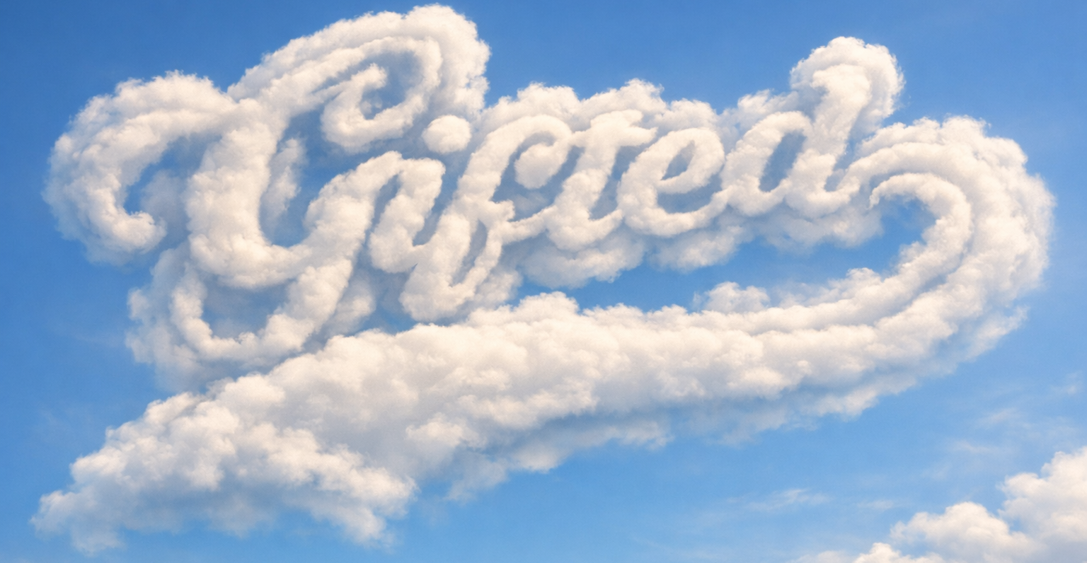 Cloud-shaped word 'Gifted' against a blue sky